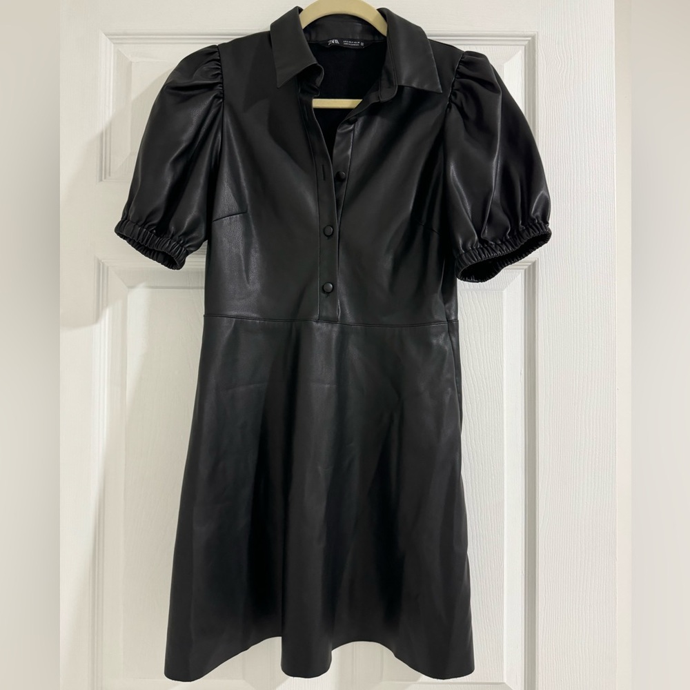 Elegant Black Leather Puff Sleeve Dress